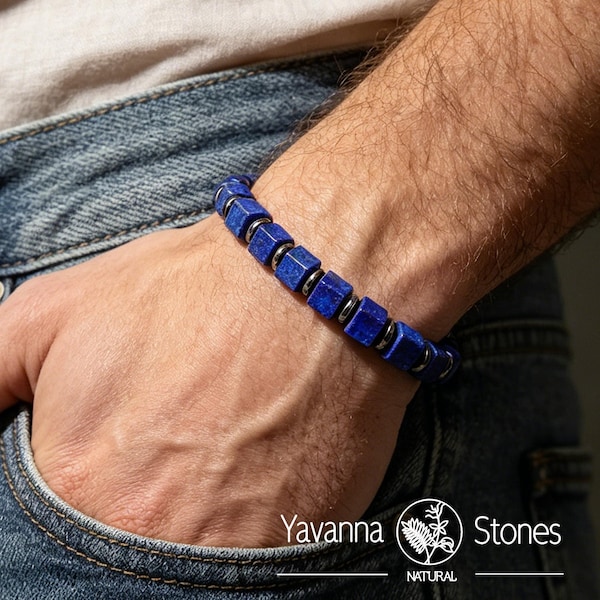 Lapis Lazuli Bracelet, Natural 6mm Blue Crystal Gemstone Square Beads Men's Jewelry, Gift for Him