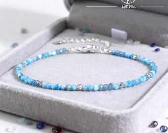 Larimar Dainty Bracelet, Natural Blue Gemstone, Minimalist Beaded Jewelry