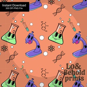 May include: A repeating pattern of science-themed illustrations on an orange background. The design includes cartoon microscopes, beakers, test tubes, atoms, and DNA strands. The text "Instant Download 300 DPI PNG File" is in a black rectangle.