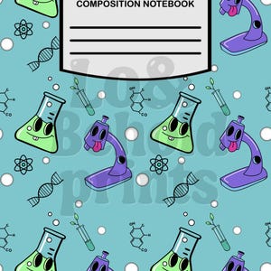 May include: Composition notebook with a light blue background featuring cartoon illustrations of lab equipment, including green beakers, purple microscopes, and test tubes. The notebook has a white label with the text "COMPOSITION NOTEBOOK".