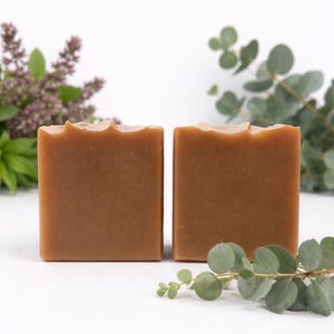 Op de afbeelding: Twee vierkante, bruine stukken zeep met een getextureerde bovenrand. De zepen staan tegen een witte achtergrond, met takjes groene eucalyptus en paarse bloemen op de achtergrond.