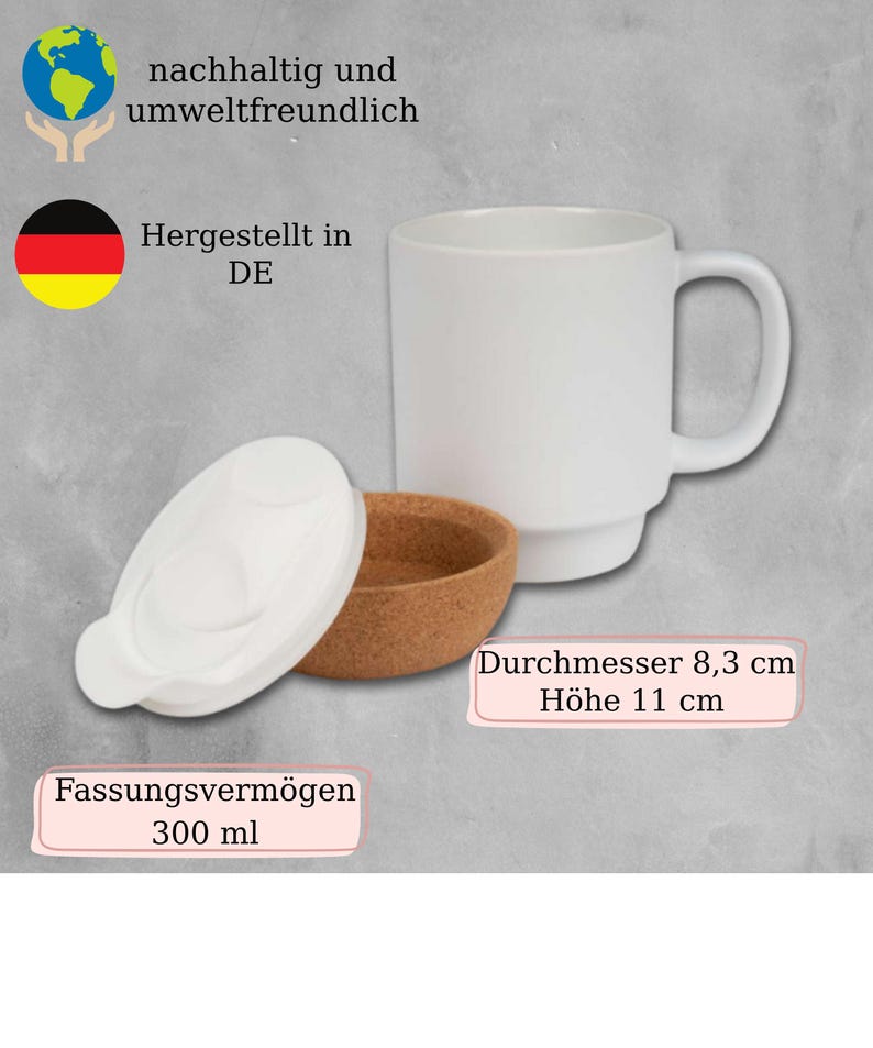 May include: A white ceramic mug with a handle, a white lid, and a cork base. The mug has a diameter of 3.27 inches and a height of 4.33 inches. The capacity is 10.14 fluid ounces.
