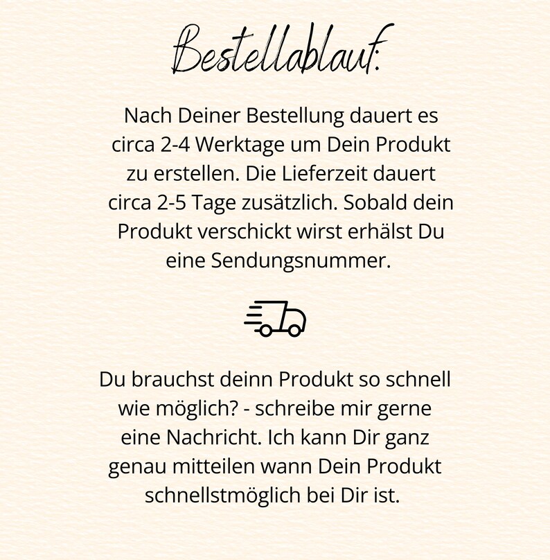 May include: Cream-colored paper with black text. The text includes the word "Bestellablauf" and details about order processing time, shipping, and tracking information. A small truck icon is also present.