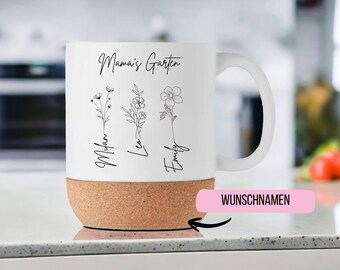 Mamas Garden Tasse Personalisiert, Geschenk Muttertag mit Namen der Kinder, Enkelkinder, Geburtsblume, Mama Oma Blumen Becher, Wunschtext