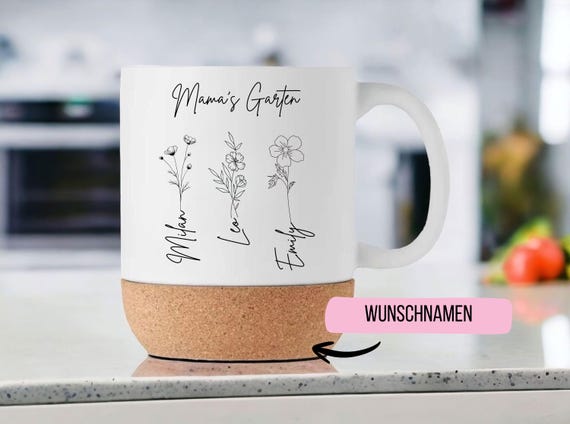Mamas Garden Tasse Personalisiert, Geschenk Muttertag mit Namen der Kinder, Enkelkinder, Geburtsblume, Mama Oma Blumen Becher, Wunschtext