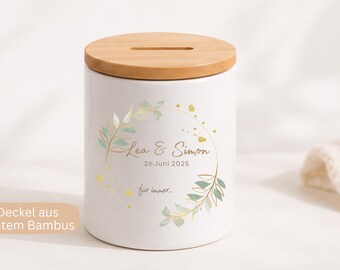 Personalisierte Hochzeitsspardose mit Bambusdeckel, Geldgeschenk Hochzeit, Sparbüchse Brautpaar, Hochzeitsgeschenk mit Namen, Verlobung
