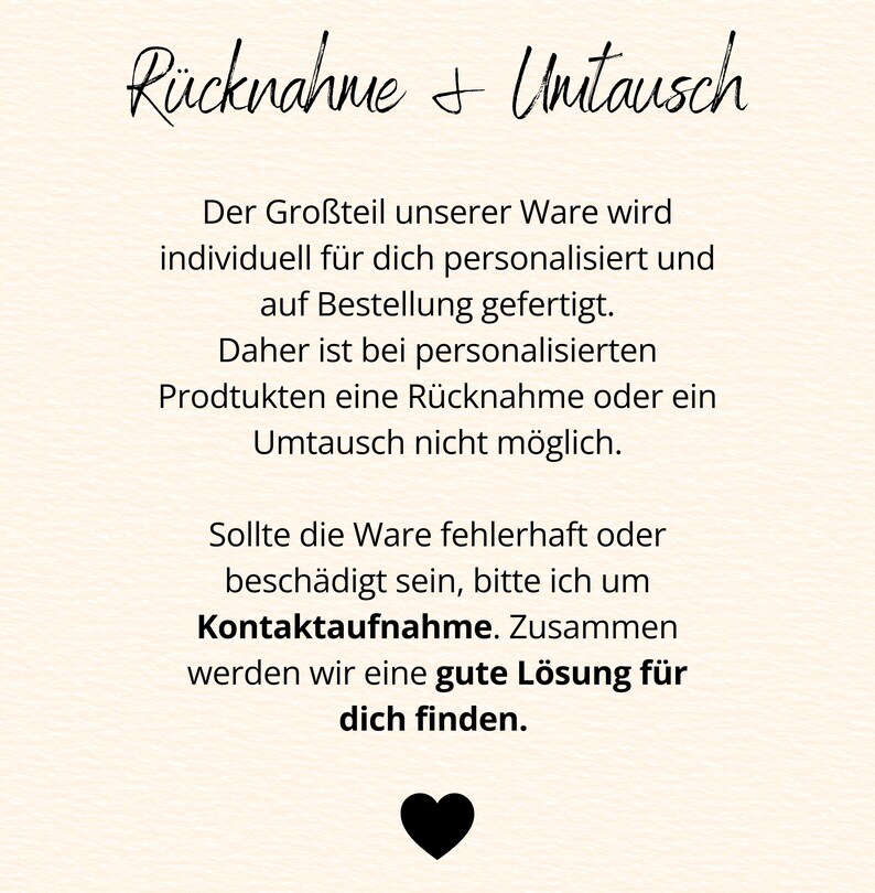 May include: A cream-coloured background with black text. The text reads "R&uuml;cknahme + Unitausch" at the top, followed by paragraphs explaining return and exchange policies. A black heart is at the bottom.