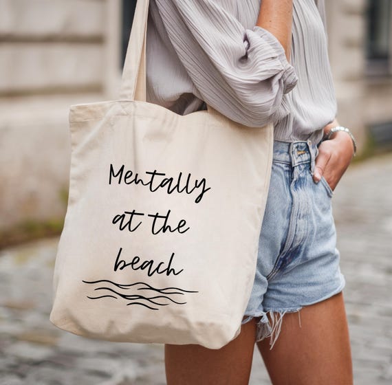 Jutebeutel, Jute, Stofftasche, Tragetasche, Mentally at the beach Spruch, Geschenktasche Freundin, Geburtstagsgeschenk, Baumwolle, Unitasche