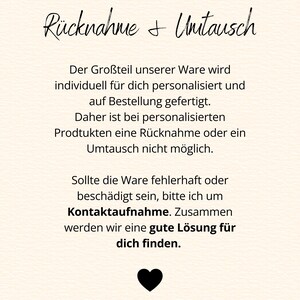 Puede incluir: Fondo color crema con texto negro. El texto dice "R&uuml;cknahme + Unitausch" en la parte superior, seguido de informaci&oacute;n sobre devoluciones y cambios. Un coraz&oacute;n negro est&aacute; en la parte inferior.