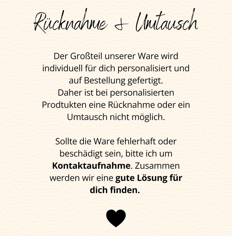 Puede incluir: Fondo color crema con texto negro. El texto dice "R&uuml;cknahme + Unitausch" en la parte superior, seguido de informaci&oacute;n sobre devoluciones y cambios. Un coraz&oacute;n negro est&aacute; en la parte inferior.