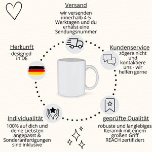 May include: A white ceramic mug with a large handle, surrounded by text and icons. The text includes "Herkunft designed in DE", "Individualit&auml;t", and "gepr&uuml;fte Qualit&auml;t". The mug is the central focus, suggesting a product for drinking beverages.