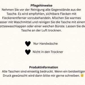 May include: Image with German text providing care instructions for a bag. The text advises removing items before cleaning, pre-treating stains, and washing with warm water and a soft brush. It also states to air dry and indicates hand wash only, do not tumble dry.