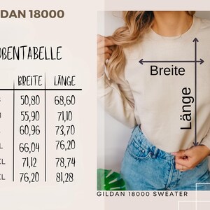 May include: A beige crewneck sweatshirt with a size chart labeled GILDAN 18000. The chart lists sizes S through 3XL with corresponding width and length measurements in centimeters. Arrows on the sweatshirt indicate the width and length dimensions.