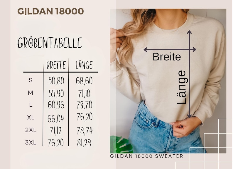 May include: A beige crewneck sweatshirt with a size chart labeled GILDAN 18000. The chart lists sizes S through 3XL with corresponding width and length measurements in centimeters. Arrows on the sweatshirt indicate the width and length dimensions.
