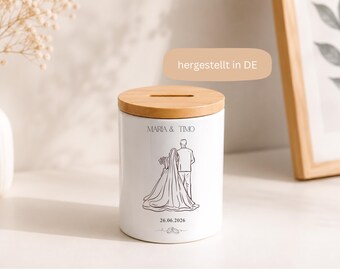 Personalisierte Hochzeitsspardose mit Bambusdeckel, Geldgeschenk Hochzeit, Sparbüchse Brautpaar, Hochzeitsgeschenk mit Namen, Verlobung