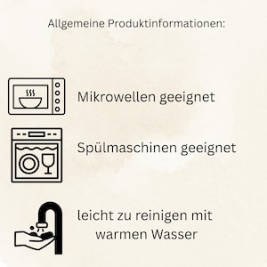 May include: Image with text in German, including icons for microwave, dishwasher, and hand washing. The text indicates the product is microwave and dishwasher safe, and easy to clean with warm water.