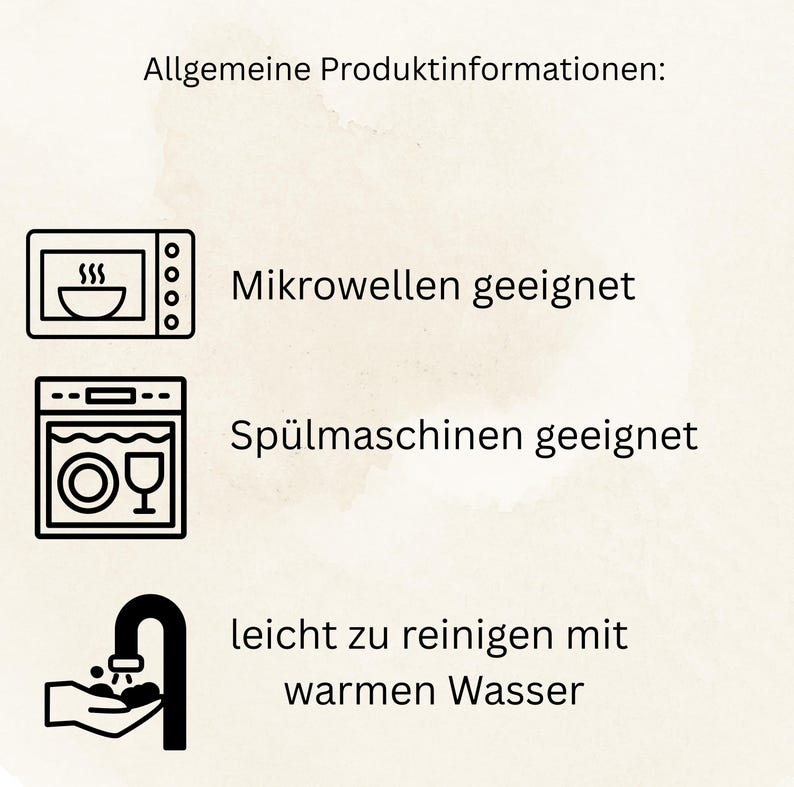 May include: Image with text in German, including icons for microwave, dishwasher, and hand washing. The text indicates the product is microwave and dishwasher safe, and easy to clean with warm water.
