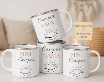 Emaille Tassen »Camper Familie« - Schönes Camping Wohnmobil Wohnwagen Geschenk für die ganze Familie (Mamá, Papá, Kinder, Junge, Mädchen)