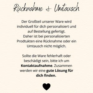 Op de afbeelding: Cr&egrave;mekleurige achtergrond met zwarte tekst. De tekst bevat de woorden "R&uuml;cknahme & Unitausch" en verdere uitleg over het retour- en omruilbeleid. Onderaan staat een zwart hart.
