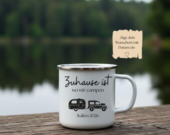 Camping Tasse personalisiert – Emaillebecher mit Name, Geschenk für Camper & Vanlife, Wohnwagen Geschenk, Papa Geschenk Tasse, Taza para exterior