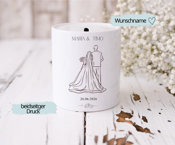 Personalisierte Spardose mit Namen & Datum – Geschenk für Paare, Hochzeit – Minimal Design. Geldgeschenk Hochzeit, Geschenkidee Brautpaar