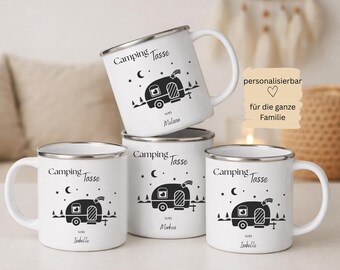 Camping Tasse personalisiert – Emaillebecher mit Name, Geschenk für Camper & Vanlife, Wohnwagen Geschenk, Papa Geschenk Tasse, Taza para exterior