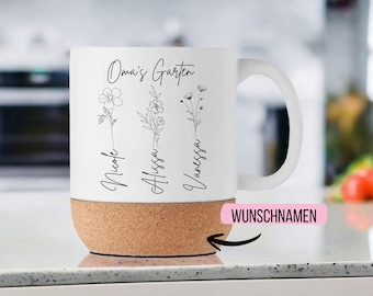 Mamas Garden Tasse Personalisiert, Geschenk Muttertag mit Namen der Kinder, Enkelkinder, Geburtsblume, Mama Oma Blumen Becher, Wunschtext