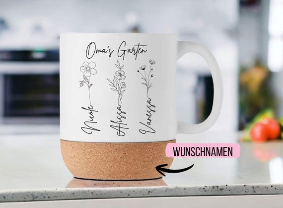 Mamas Garden Tasse Personalisiert, Geschenk Muttertag mit Namen der Kinder, Enkelkinder, Geburtsblume, Mama Oma Blumen Becher, Wunschtext