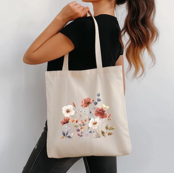 Jutebeutel mit Wildblumendesign, Blumen, Stoffbeutel, Geschenk für Sie, schöne Tasche, Geburtstagsgeschenk, Einkaufstasche, Geburtstag