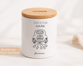 Personalisierte Hochzeitsspardose mit Bambusdeckel, Geldgeschenk Hochzeit, Sparbüchse Brautpaar, Hochzeitsgeschenk mit Namen, Verlobung