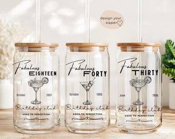 Personalized Sipper glass, Custom 18th 20th 30th 40th 50th Birthday Gift for Her, Tumbler, Personalized  Glass Cup, Milestone Birthday Gift