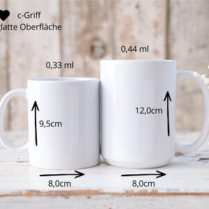 May include: Two white ceramic mugs are shown, one smaller than the other. The smaller mug is 9.5cm tall and 8.0cm wide, holding 0.33ml. The larger mug is 12.0cm tall and 8.0cm wide, holding 0.44ml. Both have a c-grip handle.