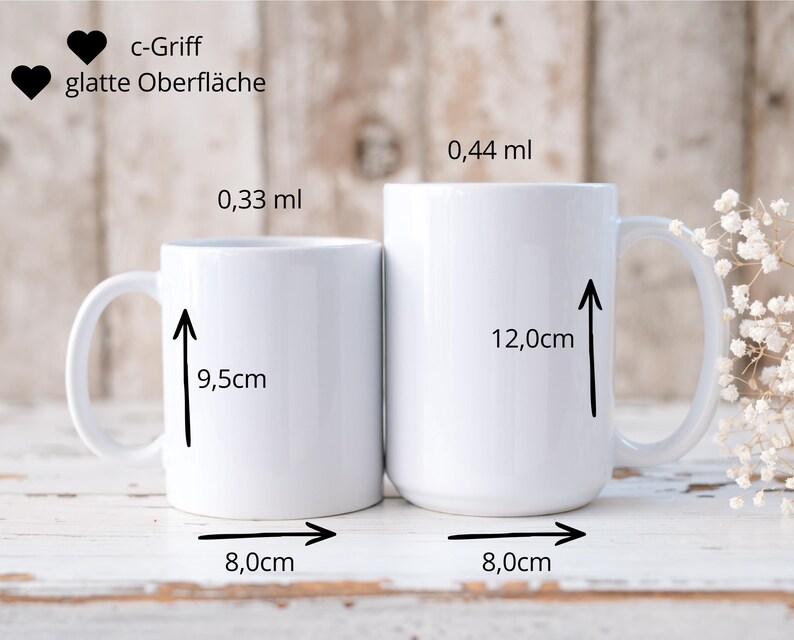 May include: Two white ceramic mugs are shown, one smaller than the other. The smaller mug is 9.5cm tall and 8.0cm wide, holding 0.33ml. The larger mug is 12.0cm tall and 8.0cm wide, holding 0.44ml. Both have a c-grip handle.