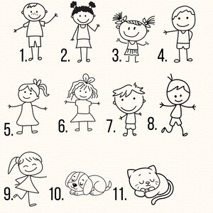 May include: Black and white line drawings of children, a dog, and a cat. The children are numbered 1 to 9, and the dog and cat are numbered 10 and 11. The children are in various poses, some waving and some standing.