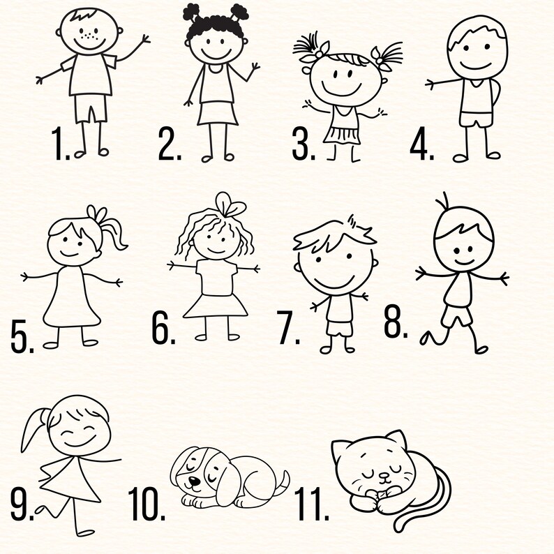 May include: Black and white line drawings of children, a dog, and a cat. The children are numbered 1 to 9, and the dog and cat are numbered 10 and 11. The children are in various poses, some waving and some standing.