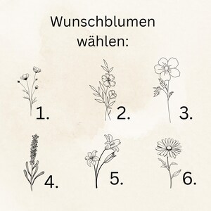 May include: A digital illustration featuring six delicate line drawings of flowers, each numbered. The text "Wunschblumen w&auml;hlen:" is at the top. The flowers include a daisy, lavender, and other floral designs.