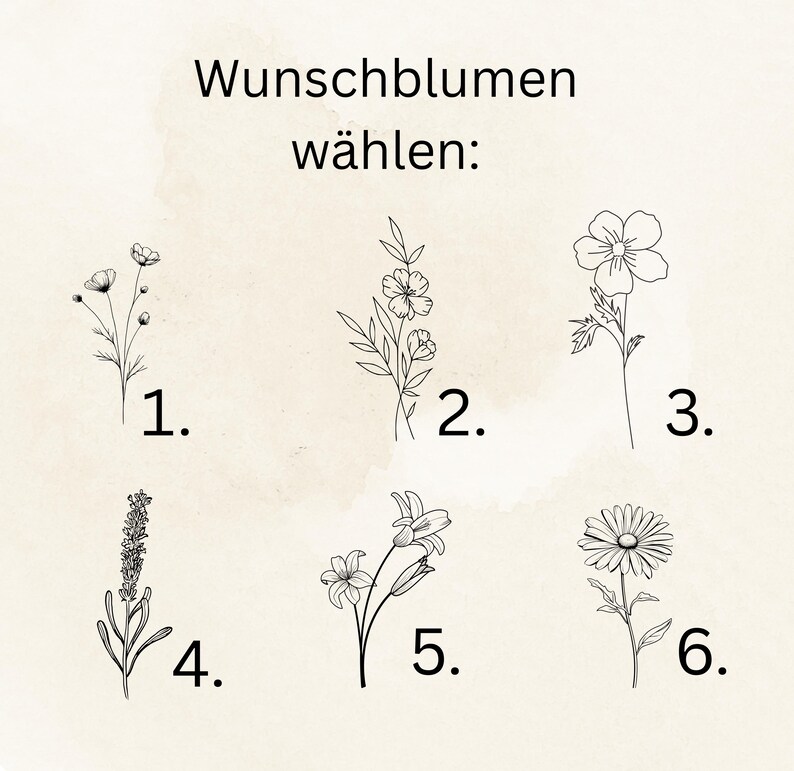 May include: A digital illustration featuring six delicate line drawings of flowers, each numbered. The text "Wunschblumen w&auml;hlen:" is at the top. The flowers include a daisy, lavender, and other floral designs.