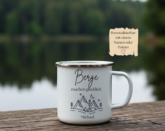 Camping Tasse personalisiert –Emaillebecher mit Name, Geschenk für Camper & Vanlife, Geschenk Vatertag, Bergliebhaber Geschenk, Papa Tasse