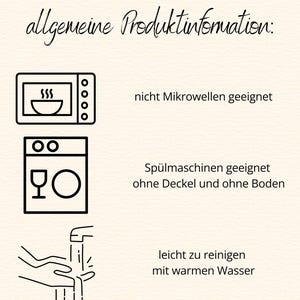 May include: A beige background with text and icons indicating product information. The text includes "allgemeine Produktinformation:" and instructions about microwave, dishwasher, and cleaning. Icons depict a microwave, dishwasher, and hand washing.