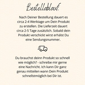 May include: A cream-coloured background with black text detailing the order process. The text includes information about production time, delivery time, and tracking numbers. A small truck icon is also present.