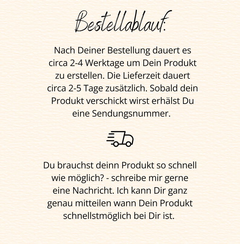 May include: A cream-coloured background with black text detailing the order process. The text includes information about production time, delivery time, and tracking numbers. A small truck icon is also present.