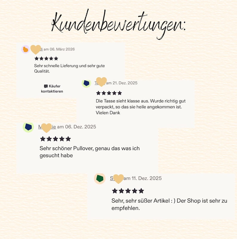 May include: Image of customer reviews in German. The reviews are displayed on a light beige background with the heading "Kundenbewertungen". Each review includes a star rating, date, and a short comment. The reviews praise the shop's delivery speed, quality, and product appearance.