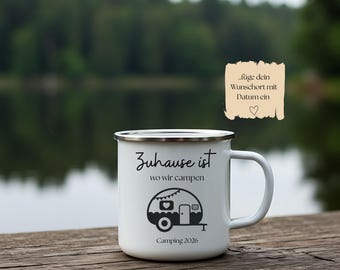 Camping Tasse personalisiert – Emaillebecher mit Name, Geschenk für Camper & Vanlife, Wohnwagen Geschenk, Papa Geschenk Tasse, Taza para exterior
