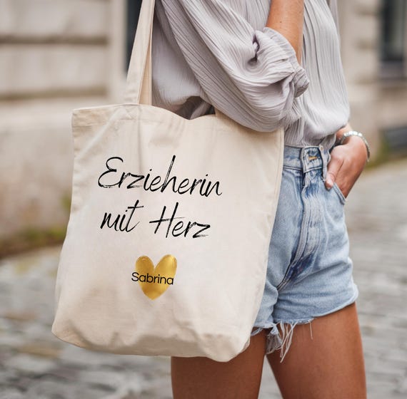 Erzieherin Tasche, personalisierte Geschenkidee Erzieherin, Erzieherin mit Herz, Wunschname, Stofftasche, Jutebeutel, Geschenk Kindergarten