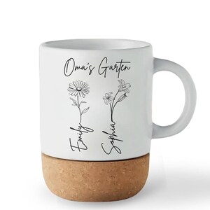 May include: White ceramic mug with a cork base. The mug features the text "Oma's Garten" and the names "Emily" and "Sophia" with floral illustrations. The mug has a curved handle.