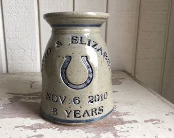 Personalized Stoneware Marriage Crock shown with double  bottom line and new #luckyhorseshoe logo