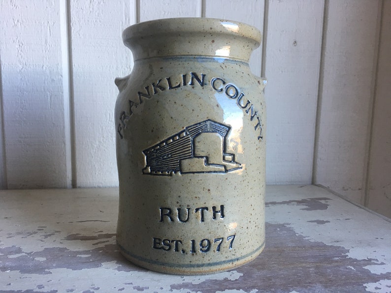 Personalized pottery Stoneware Anniversary Crock w/ 2nd Bottom Line featuring CoveredBridge KissingBridge image 3