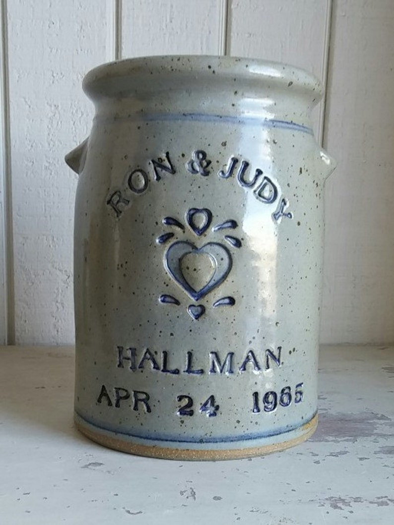 Personalized pottery Stoneware Anniversary Crock w/ 2nd Bottom Line featuring CoveredBridge KissingBridge image 6