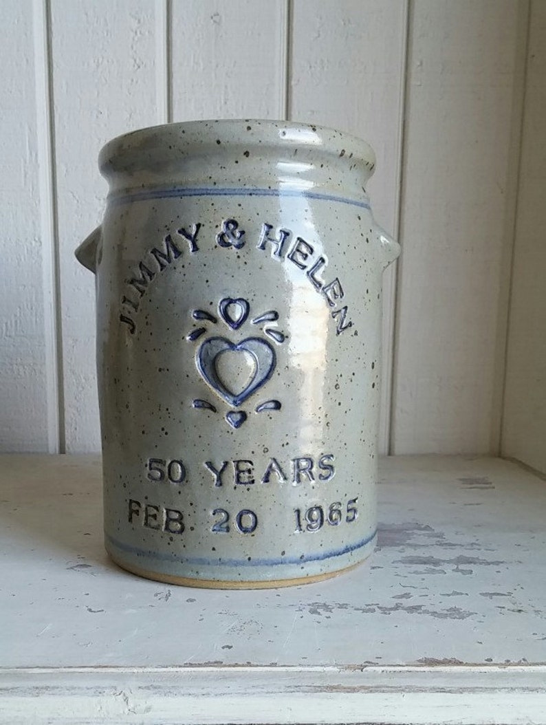 Personalized pottery Stoneware Anniversary Crock w/ 2nd Bottom Line featuring CoveredBridge KissingBridge image 7