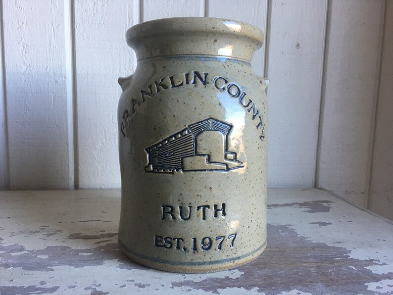 Personalized pottery Stoneware Anniversary Crock w/ 2nd Bottom Line featuring CoveredBridge KissingBridge image 5